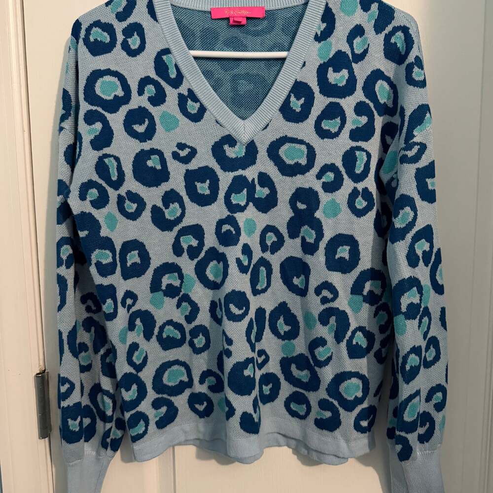 Lilly Pulitzer Skim Blue Don't Be A Cheetah Jasmina V-Neck Sweater